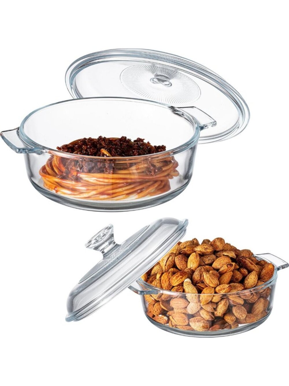 Set of 2 Round Glass Casserole Dishes with Lids - 0.8L & 1.7L Bakeware Set